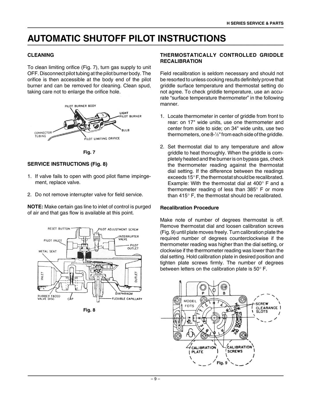 Vulcan-Hart SG7800 Automatic Shutoff Pilot Instructions, Cleaning, Thermostatically Controlled Griddle Recalibration 