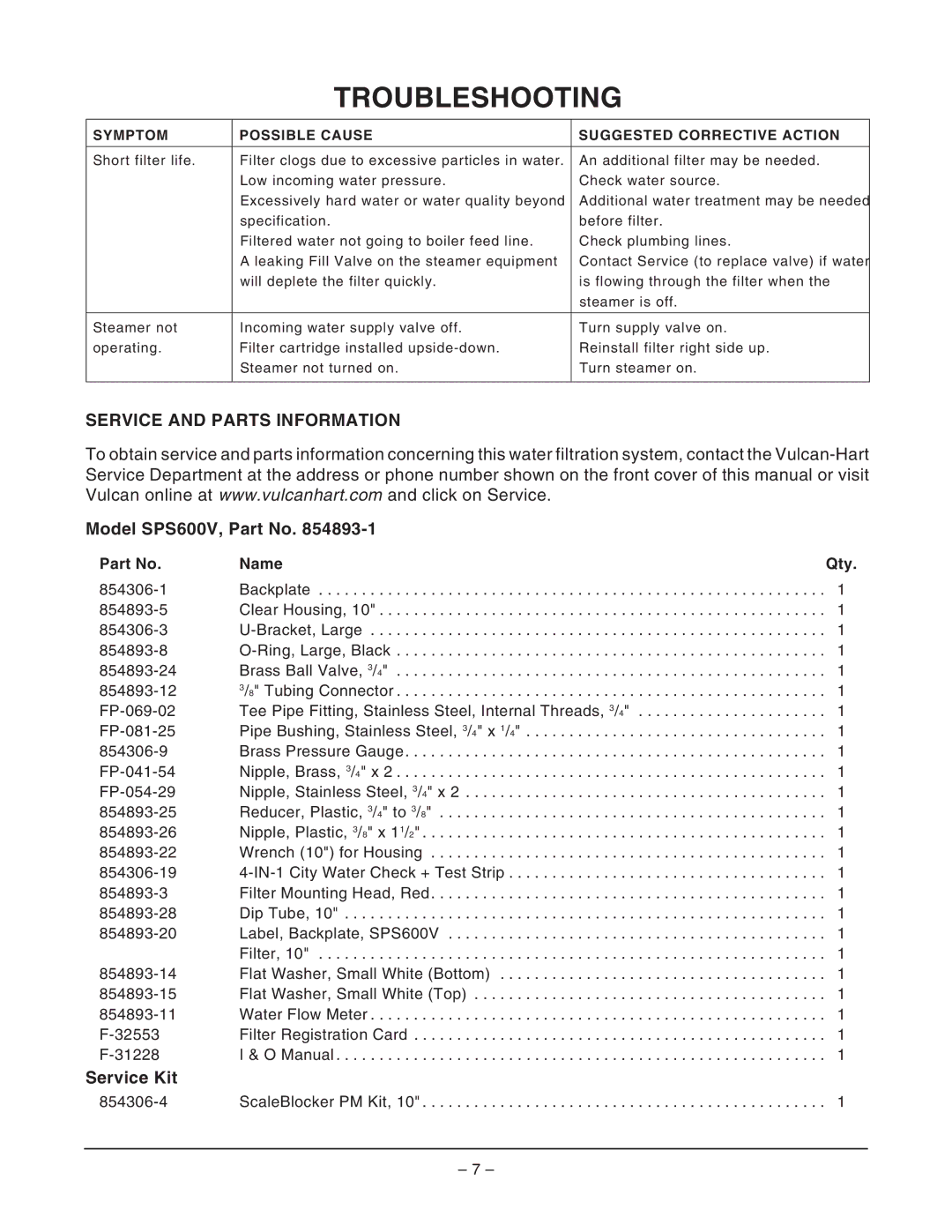 Vulcan-Hart SPS620V operation manual Troubleshooting, Service and Parts Information, Model SPS600V, Part No, Service Kit 