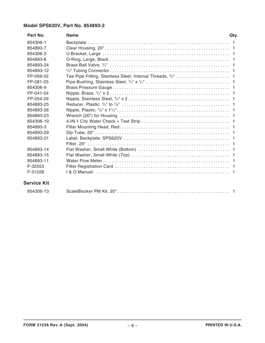 Vulcan-Hart SPS600V operation manual Model SPS620V, Part No 