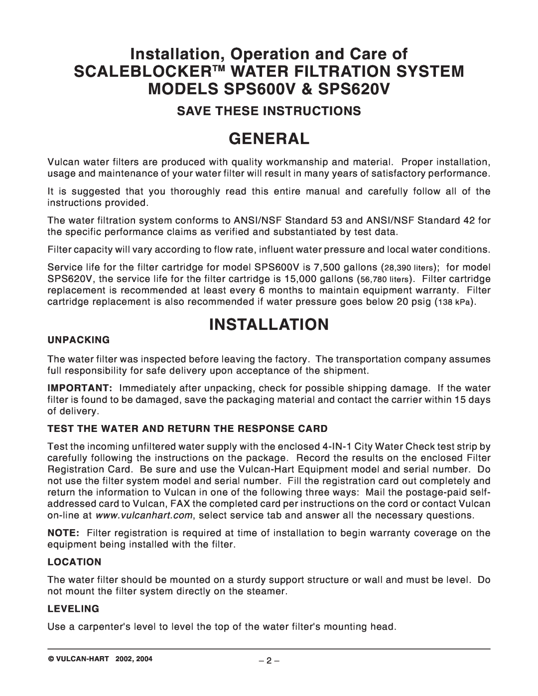 Vulcan-Hart Installation, Operation and Care of, Scaleblockertm Water Filtration System, MODELS SPS600V & SPS620V 