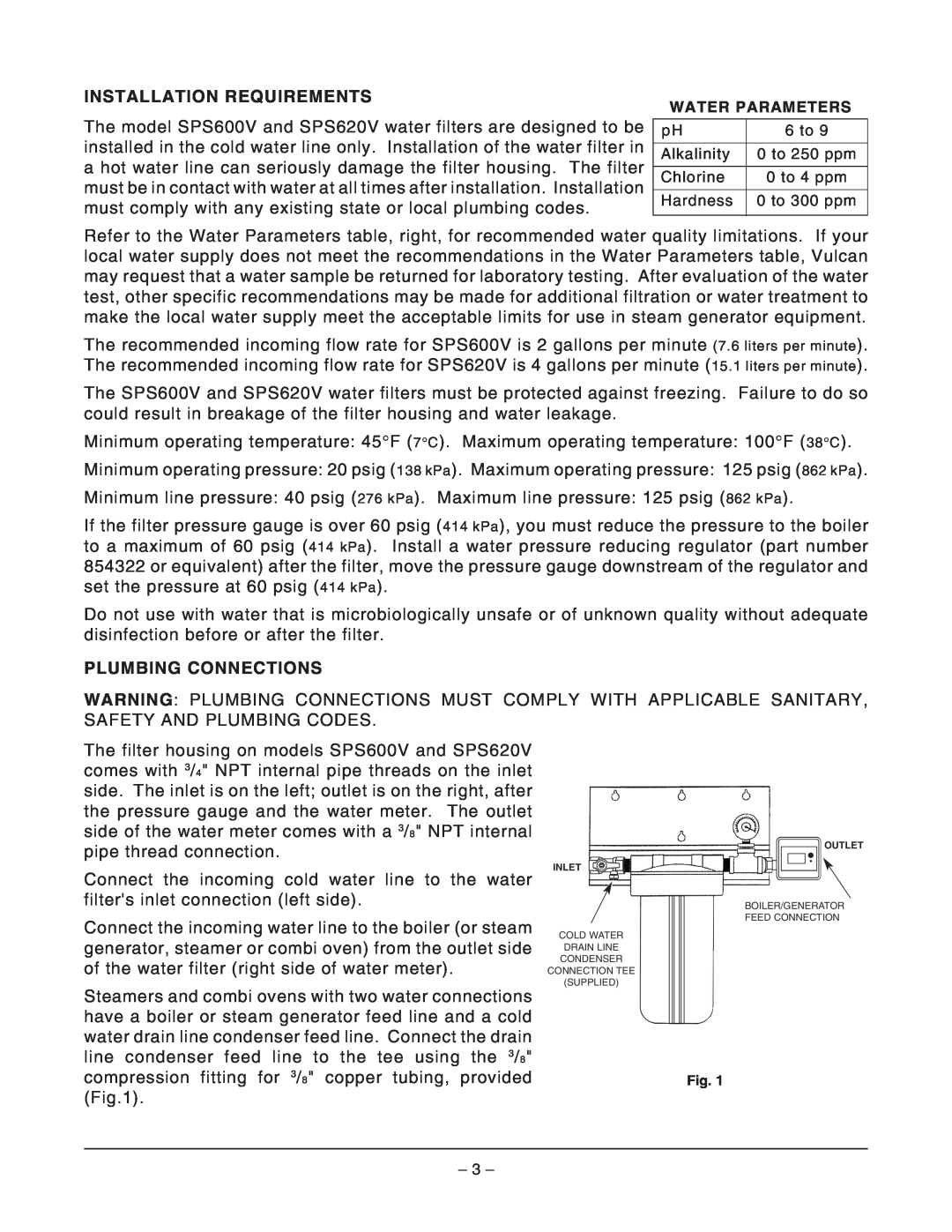 Vulcan-Hart SPS600V, SPS620V operation manual Installation Requirements, Plumbing Connections 
