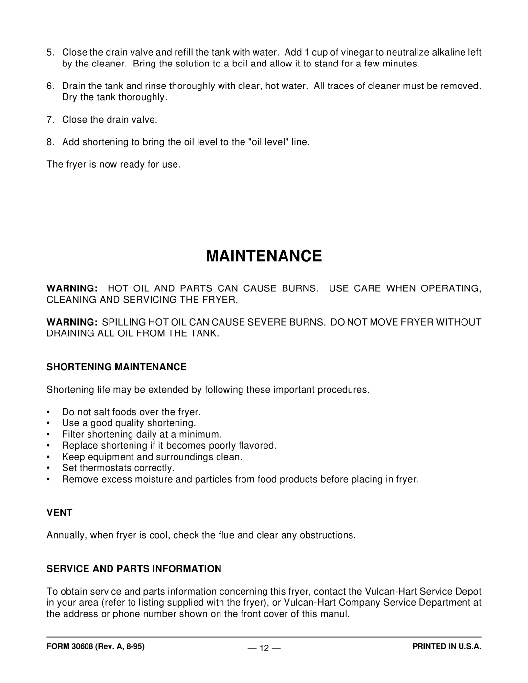 Vulcan-Hart TK65 operation manual Shortening Maintenance, Vent, Service and Parts Information 