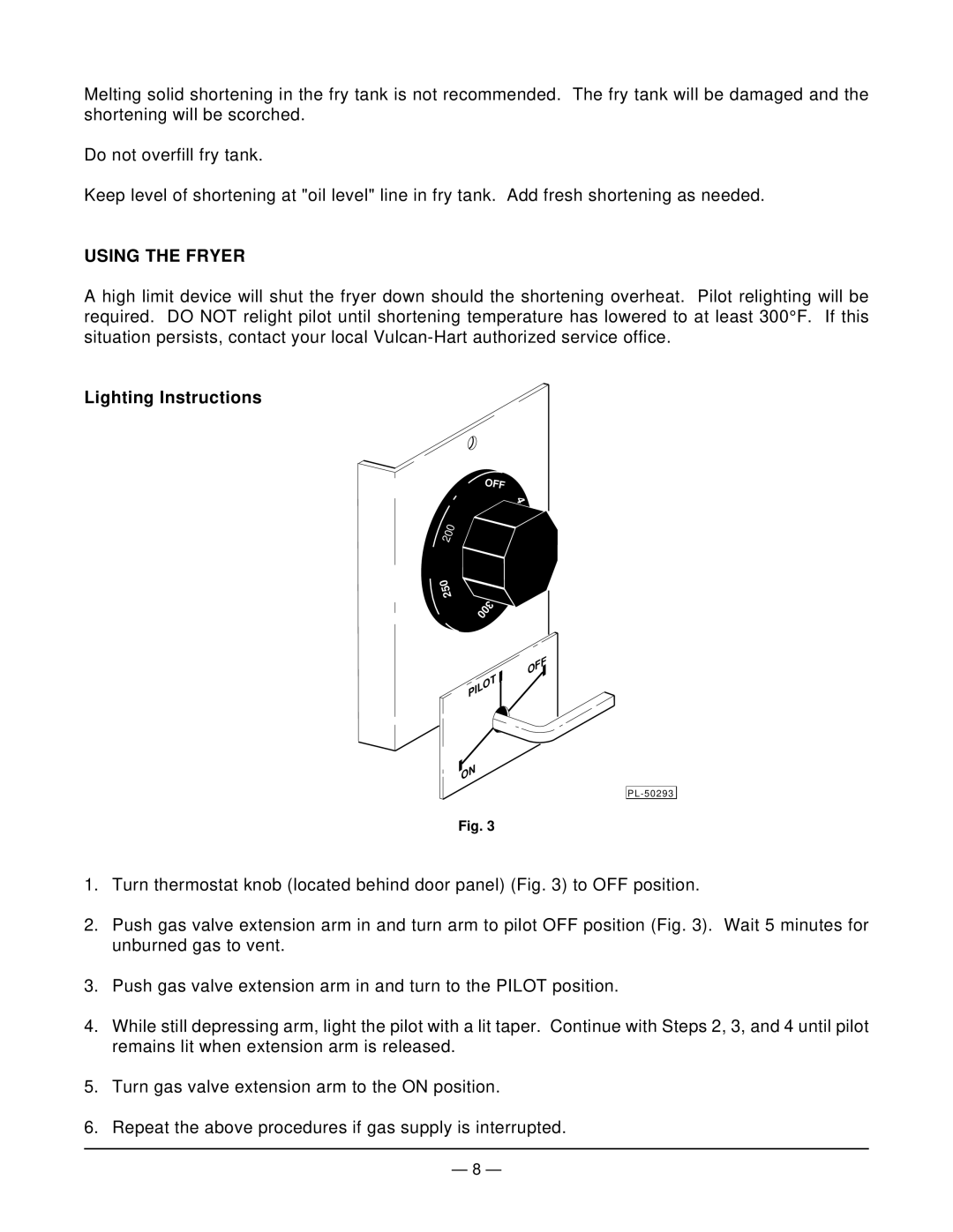 Vulcan-Hart TK65 operation manual Using the Fryer, Lighting Instructions 