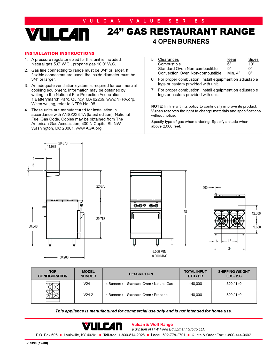 Vulcan-Hart V24-2T, V24-1T specifications Installation Instructions, Or larger 