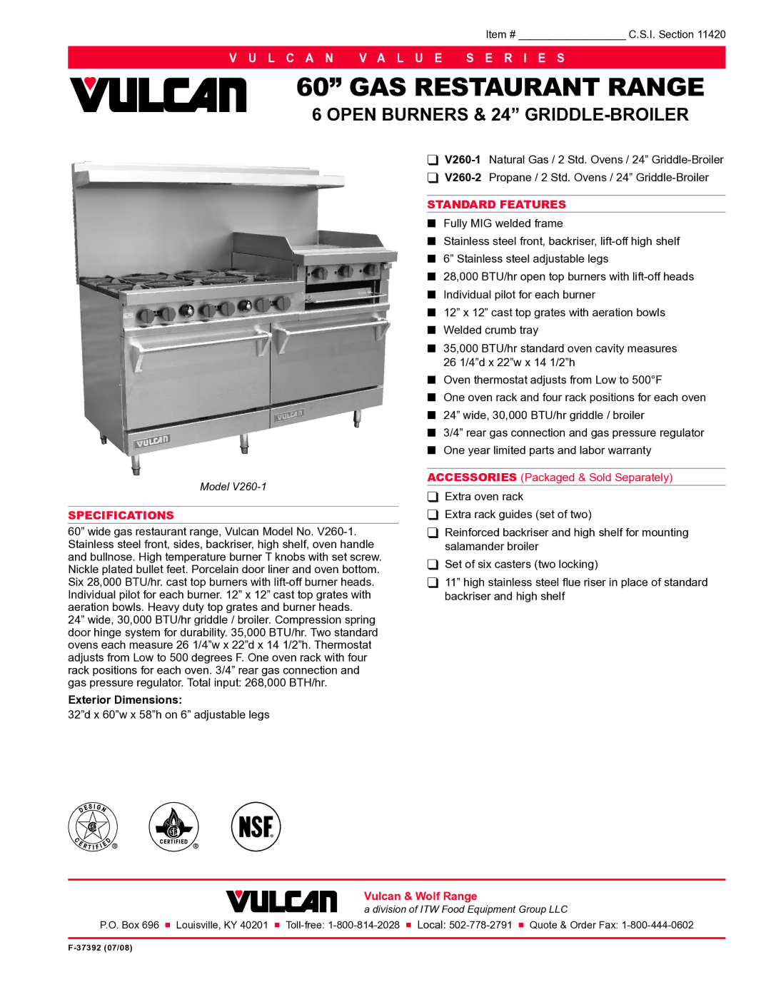 Vulcan-Hart V260-2, V260-1 specifications GAS Restaurant Range, Specifications 