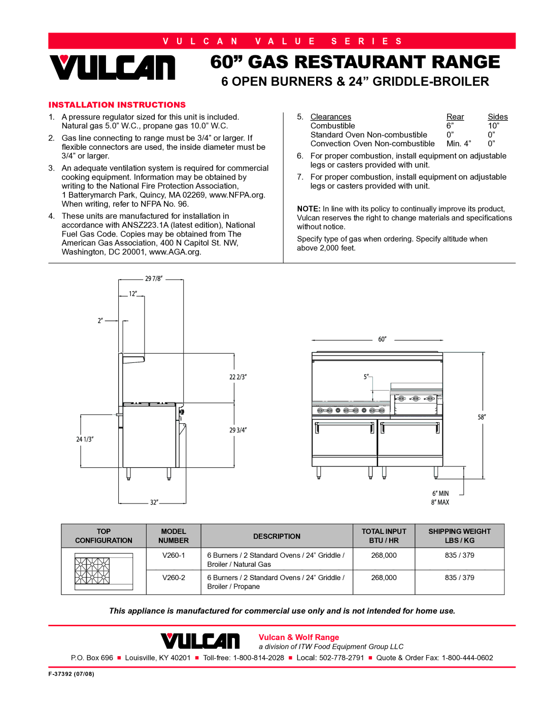 Vulcan-Hart V260-1, V260-2 specifications Installation Instructions, Or larger 