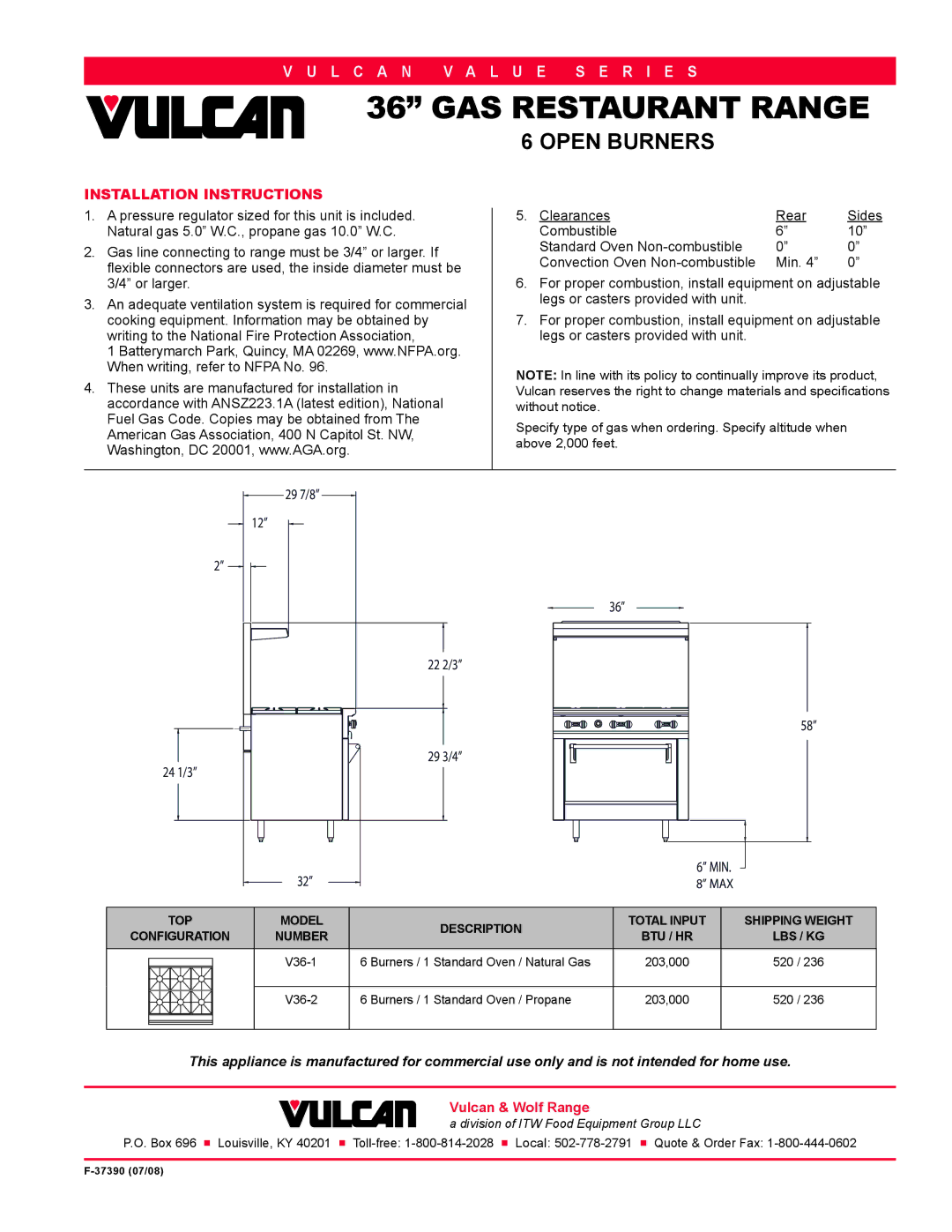 Vulcan-Hart V36-2, V36-1 specifications Installation Instructions, Or larger 