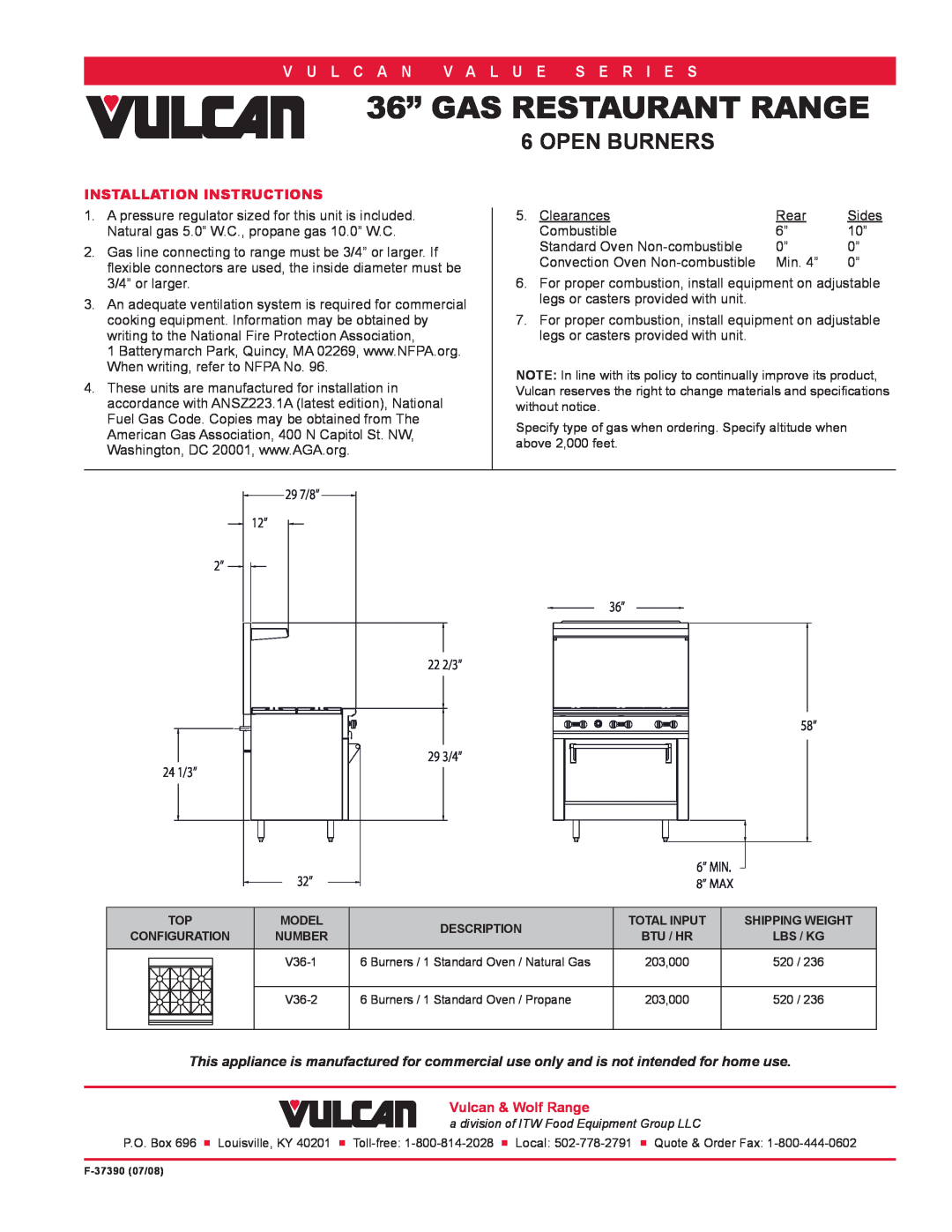 Vulcan-Hart V36-2 Installation Instructions, 36” GAS RESTAURANT RANGE, Open Burners, V U L C A N V A L U E S E R I E S 