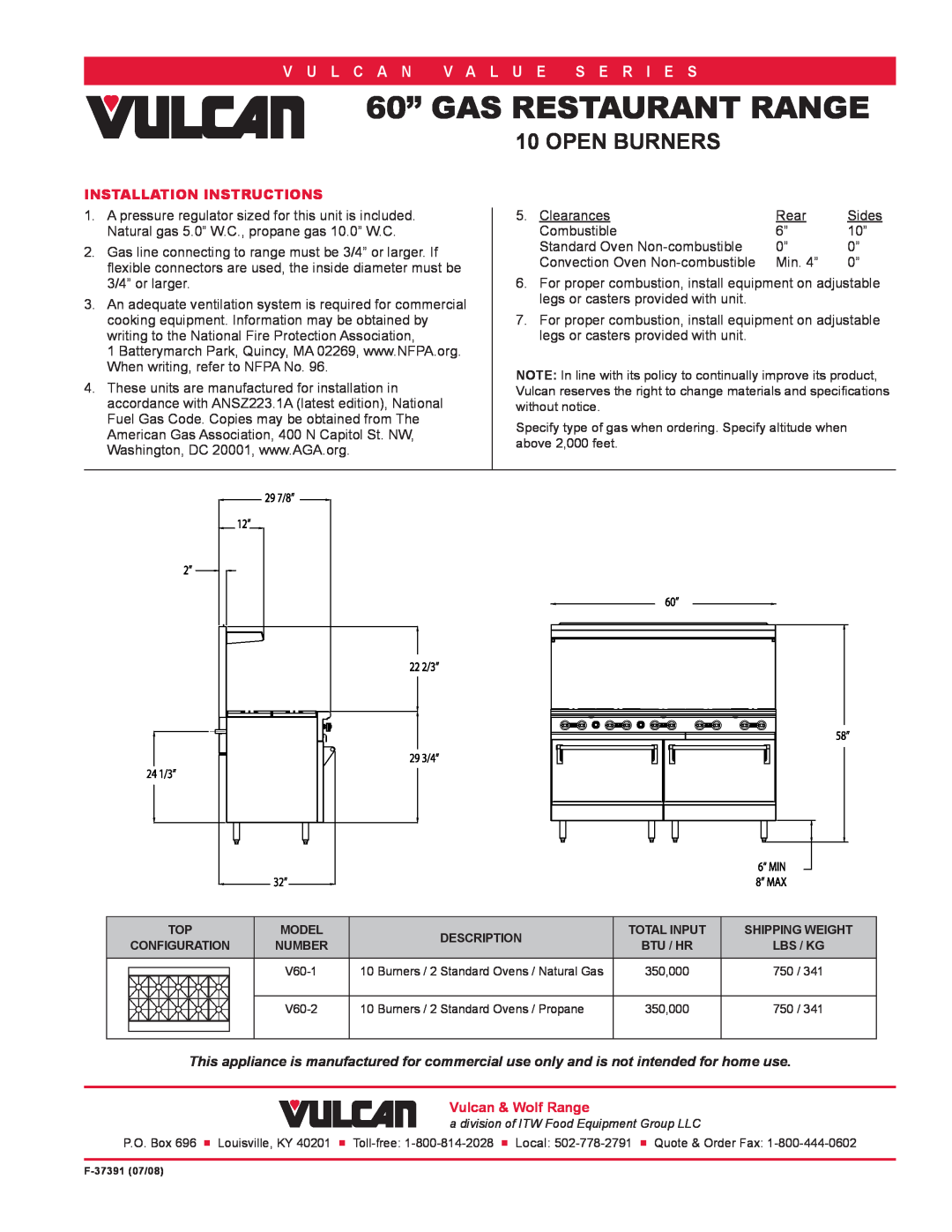 Vulcan-Hart V60-2 Installation Instructions, 60” GAS RESTAURANT RANGE, Open Burners, V U L C A N V A L U E S E R I E S 