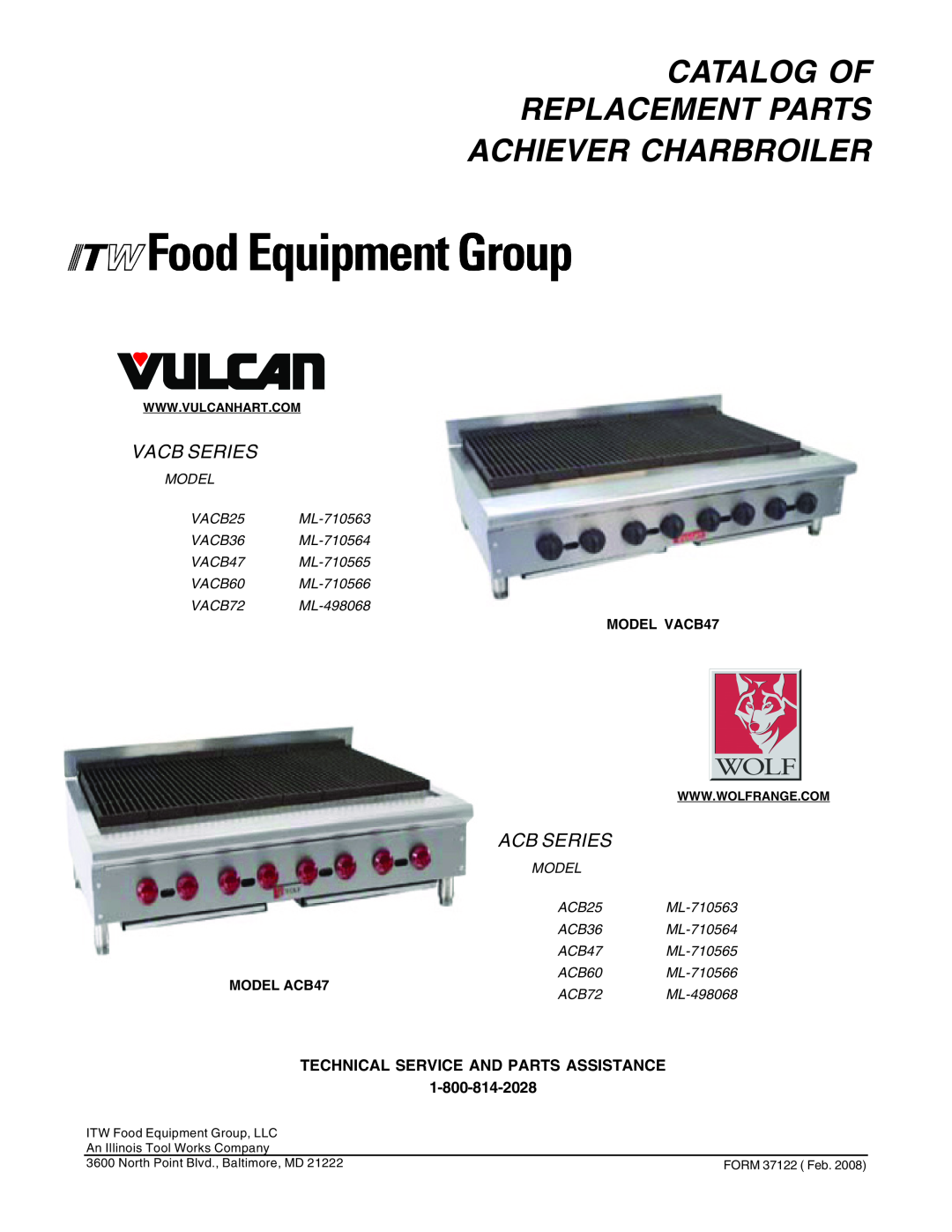 Vulcan-Hart ACB SERIES manual Catalog Of Replacement Parts Achiever Charbroiler, Vacb Series, Acb Series, VACB72 ML-498068 