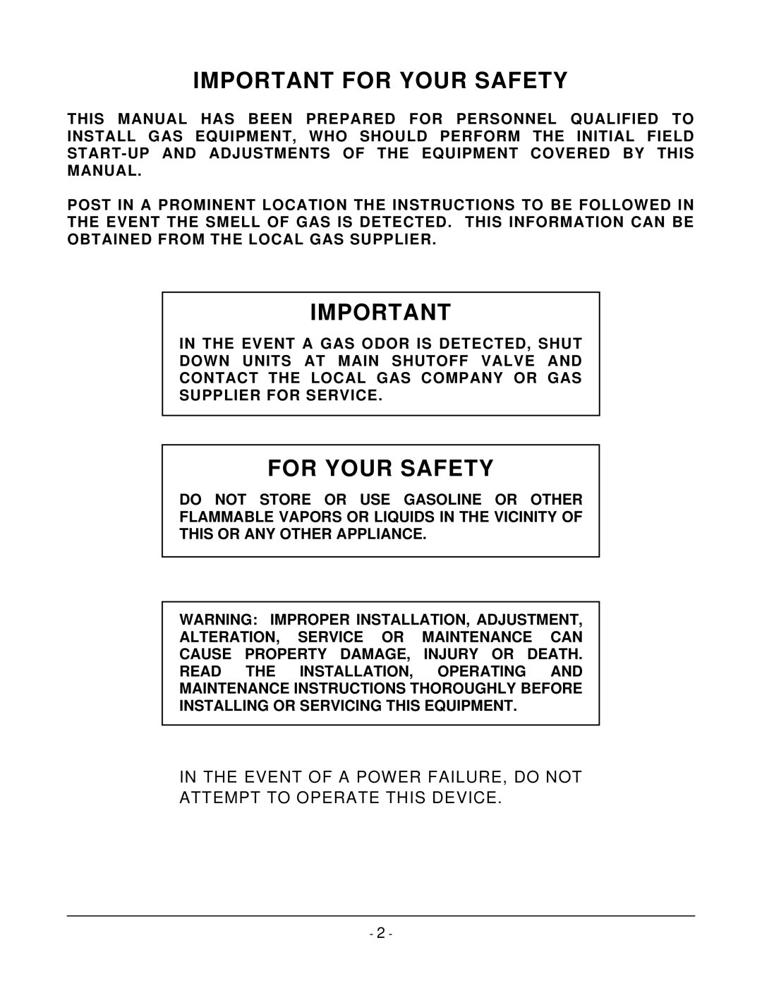 Vulcan-Hart VACB60, VACB25, VACB72, VACB36, VACB47, VACB20, ML-710546, ML-710545 Important for Your Safety, For Your Safety 