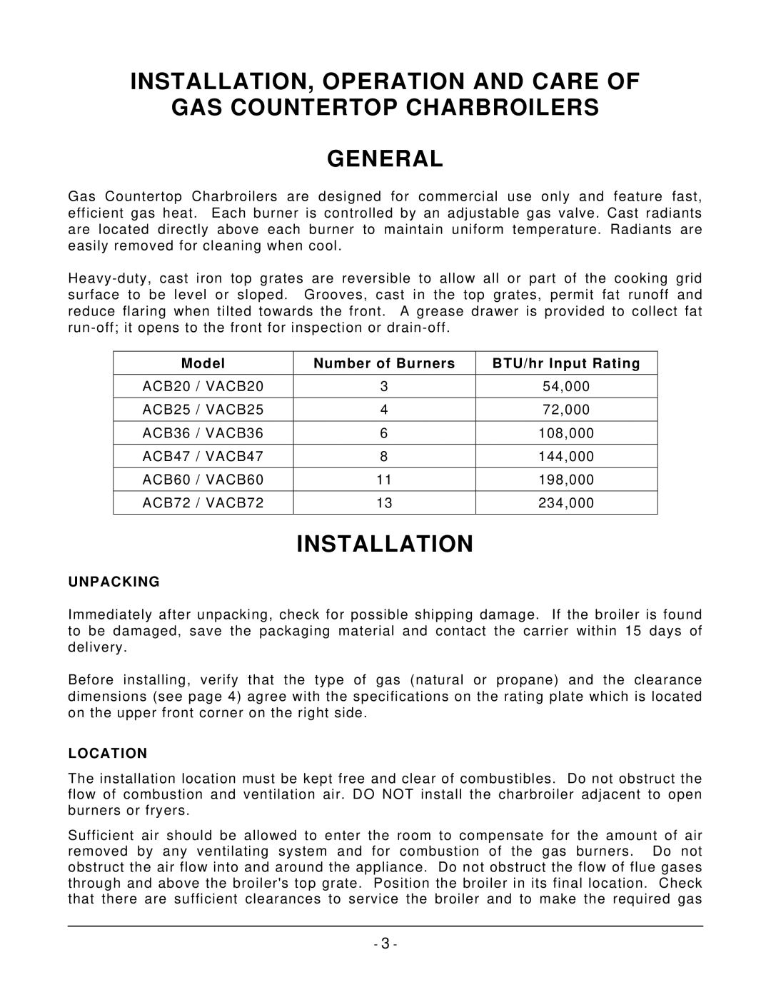 Vulcan-Hart VACB36, VACB25, VACB72, VACB60, VACB47, VACB20, ML-710546, ML-710545, ML-710544 Installation, Unpacking, Location 