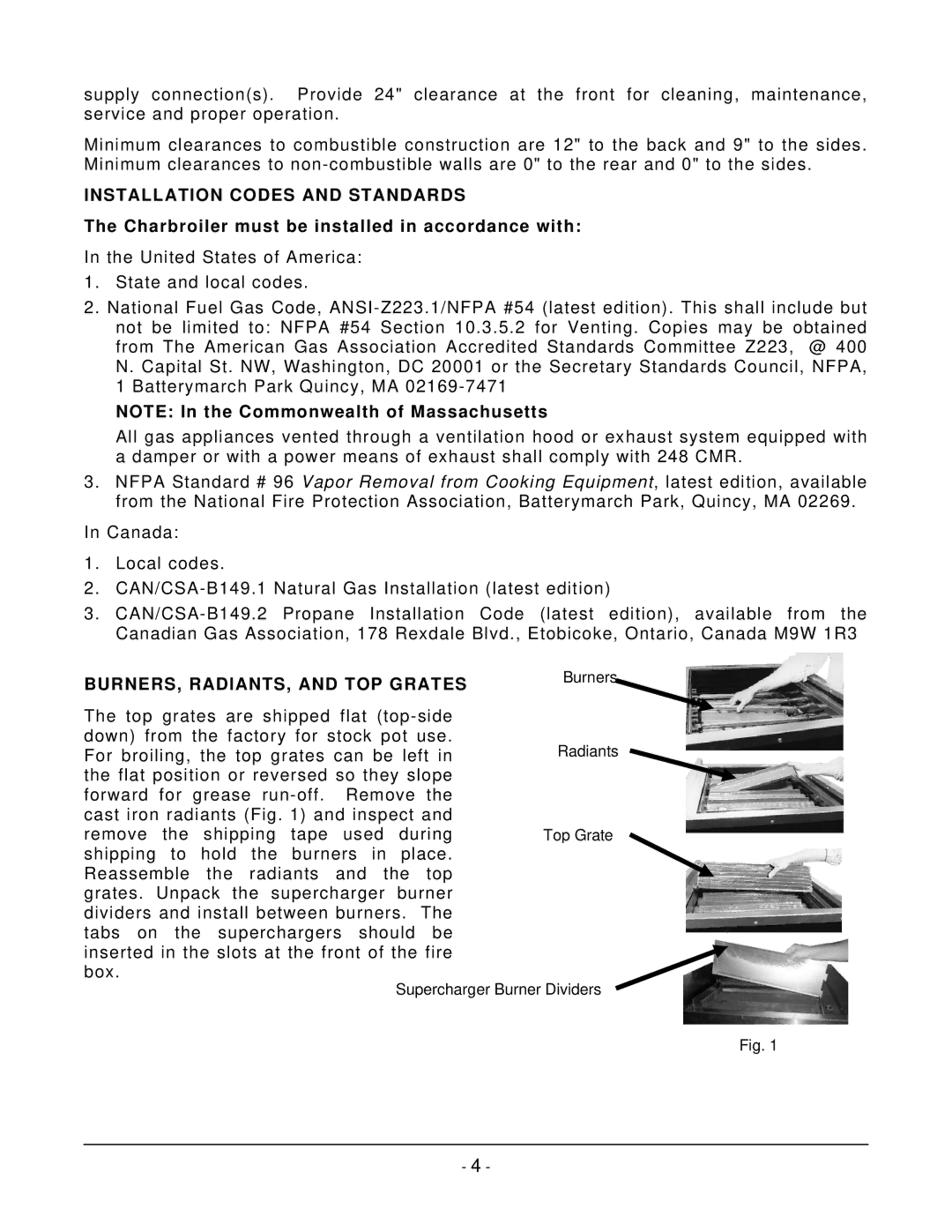 Vulcan-Hart VACB47, VACB25, VACB72, VACB60, VACB36, VACB20 Installation Codes and Standards, BURNERS, RADIANTS, and TOP Grates 