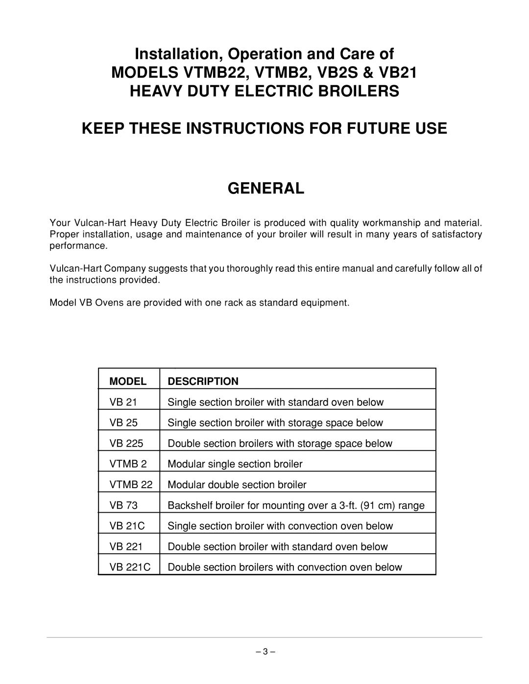 Vulcan-Hart VB 25 ML-052313, VB 21 ML-052312 operation manual Installation, Operation and Care 