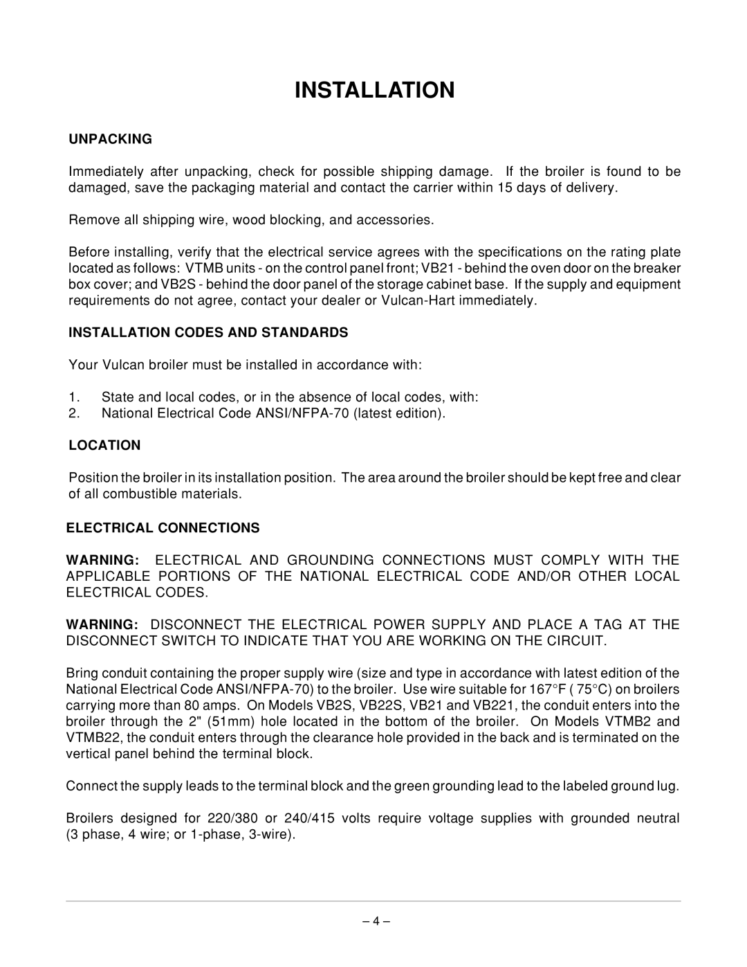 Vulcan-Hart VB 21 ML-052312 Unpacking, Installation Codes and Standards, Location, Electrical Connections