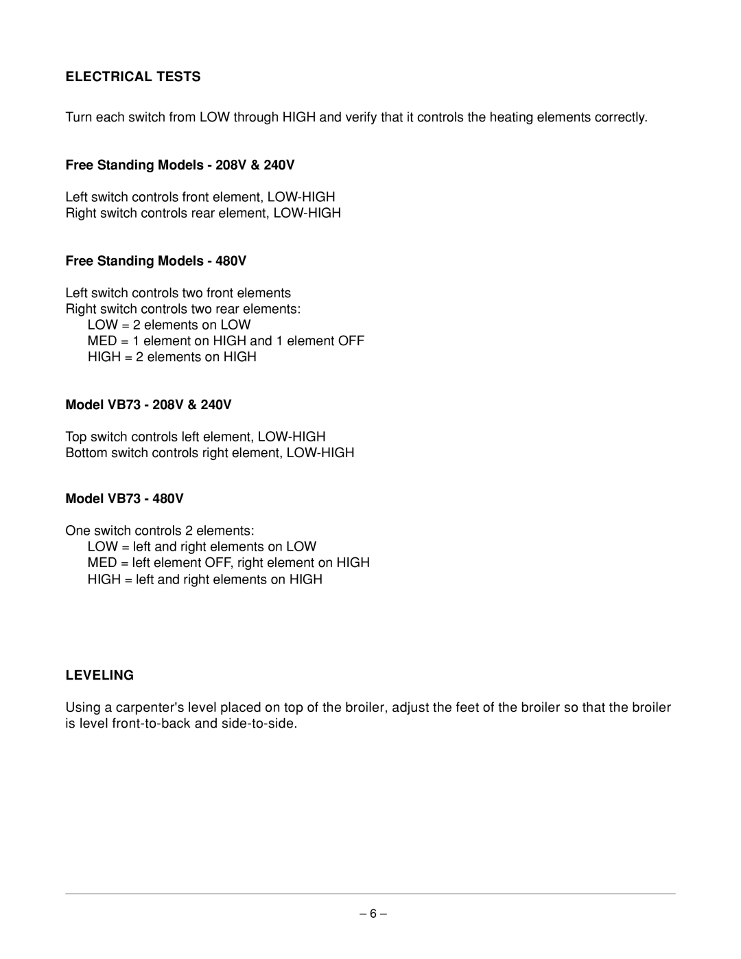 Vulcan-Hart VB 25 ML-052313, VB 21 ML-052312 operation manual Electrical Tests, Leveling 