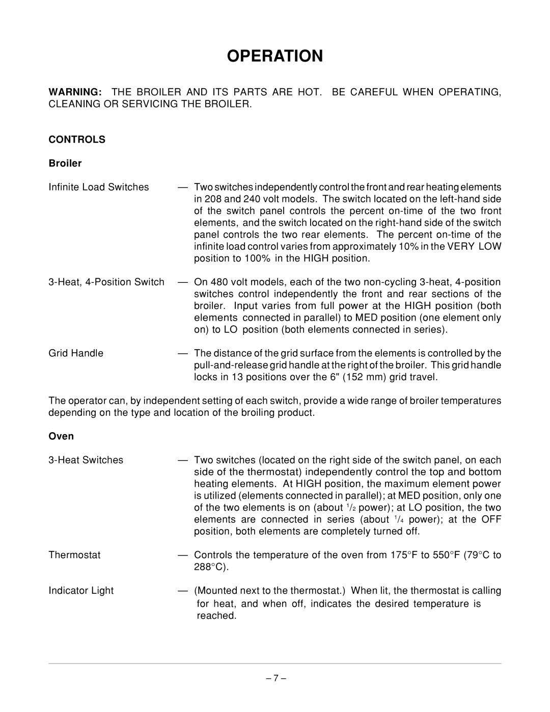 Vulcan-Hart VB 21 ML-052312, VB 25 ML-052313 operation manual Operation, Controls, Broiler, Oven 