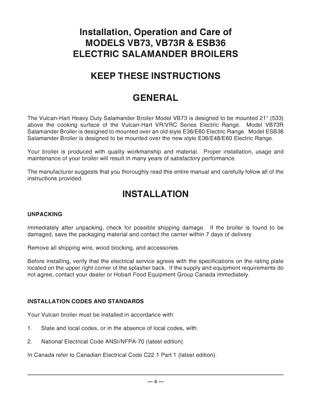 Vulcan-Hart VB73R, ESB36 operation manual Unpacking, Installation Codes and Standards 