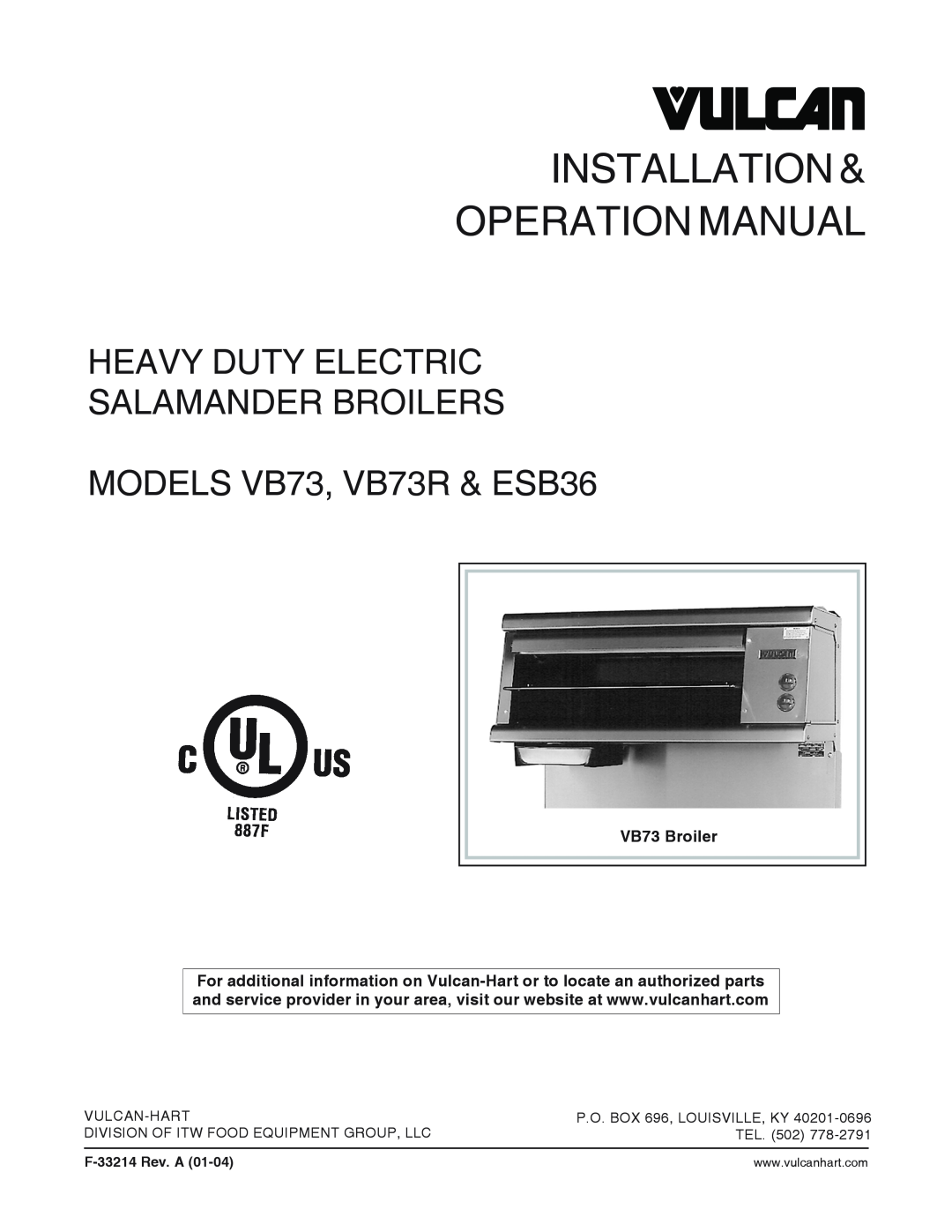 Vulcan-Hart operation manual Heavy Duty Electric Salamander Broilers, MODELS VB73, VB73R & ESB36, VB73 Broiler, Tel 
