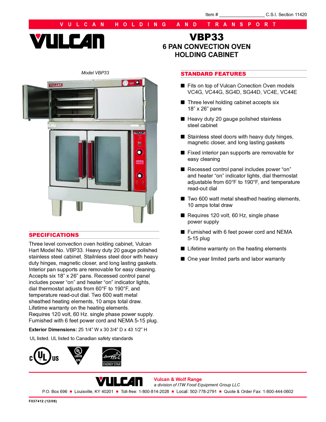 Vulcan-Hart SG44D specifications VBP33, PAN Convection Oven Holding Cabinet, L C a N H O L D I N, N D T R a N S P O R T 