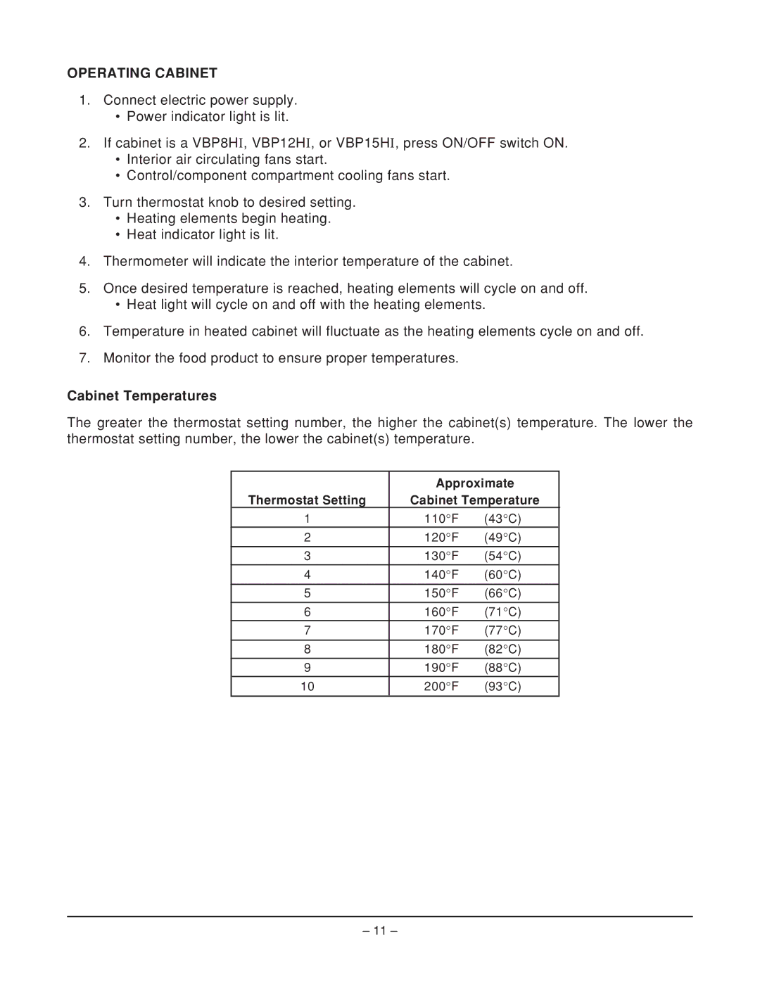 Vulcan-Hart VBP77 ML-126354 Operating Cabinet, Cabinet Temperatures, Approximate, Thermostat Setting Cabinet Temperature 