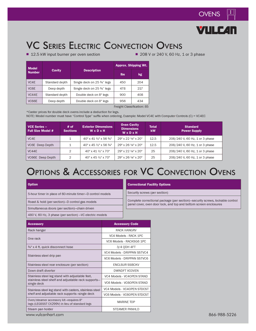 Vulcan-Hart VC44GD manual VC Series Electric Convection Ovens, Options & Accessories for VC Convection Ovens 