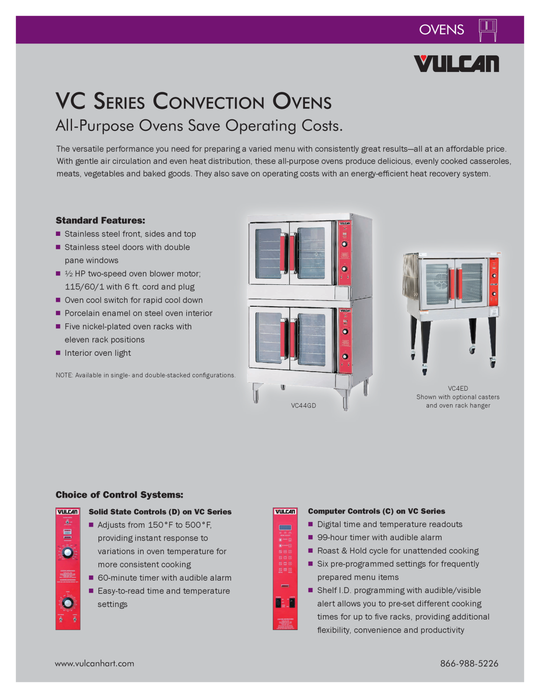 Vulcan-Hart VC44GD manual VC Series Convection Ovens, All-PurposeOvens Save Operating Costs, Standard Features 
