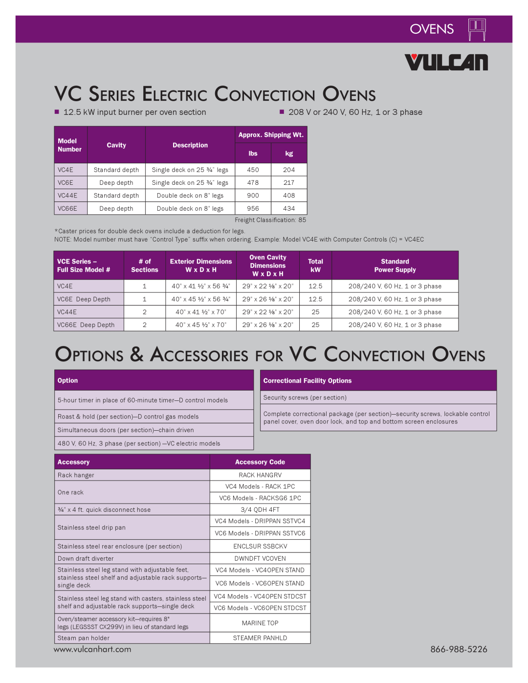 Vulcan-Hart VC44GD manual VC Series Electric Convection Ovens, Options & Accessories for VC Convection Ovens 