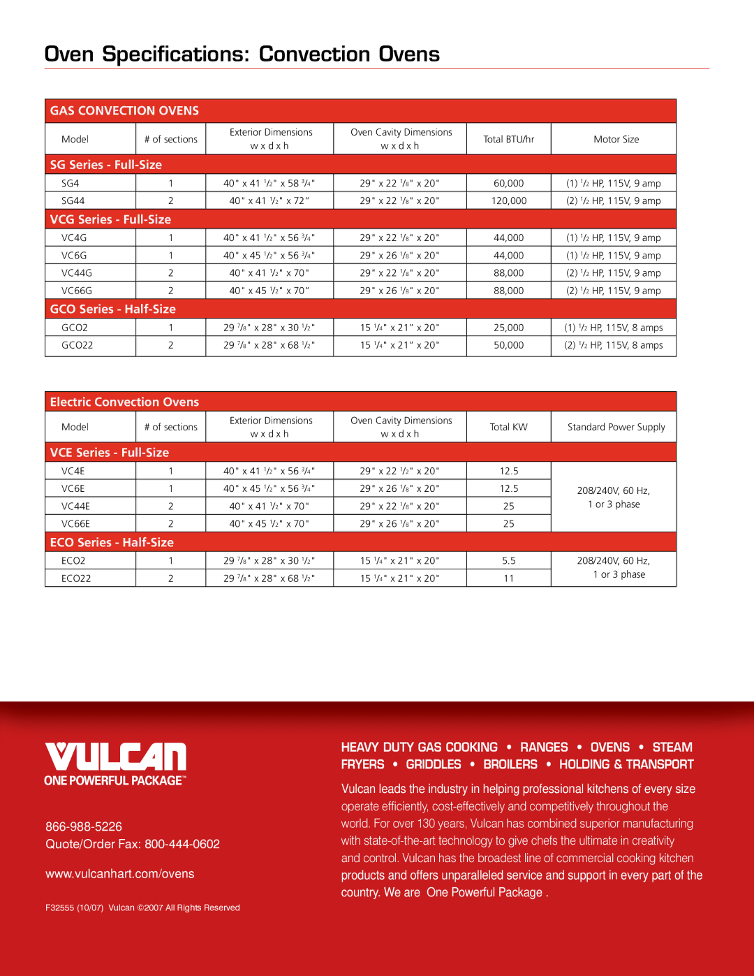 Vulcan-Hart VC6G manual Oven Specifications Convection Ovens, GAS Convection Ovens 