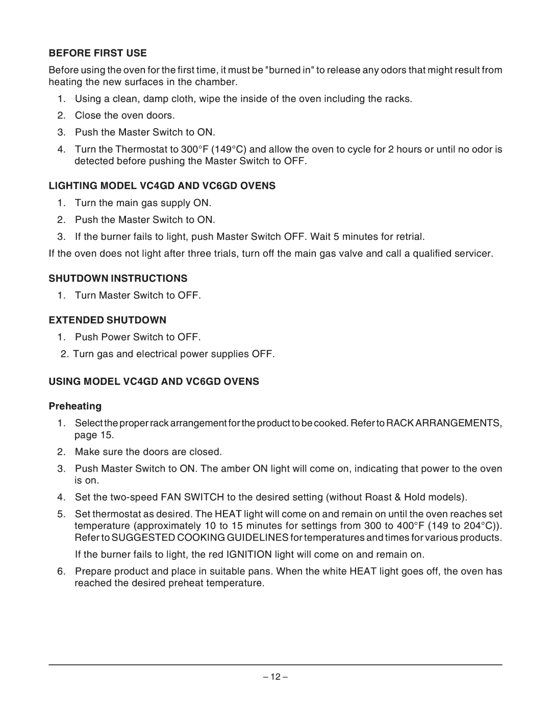 Vulcan-Hart VC6GC ML-136495, VC6GD ML-126613 Before First USE, Lighting Model VC4GD and VC6GD Ovens, Shutdown Instructions 