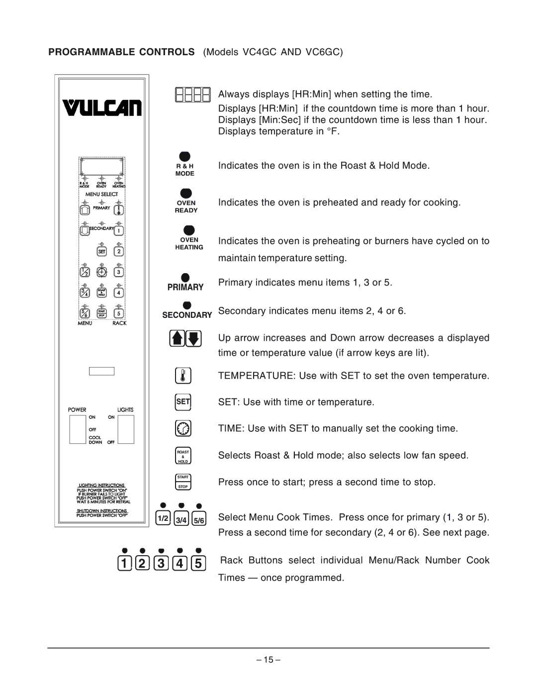 Vulcan-Hart VC4GC ML-136494, VC6GC ML-136495, VC4GD Programmable Controls Models VC4GC and VC6GC, Times once programmed 
