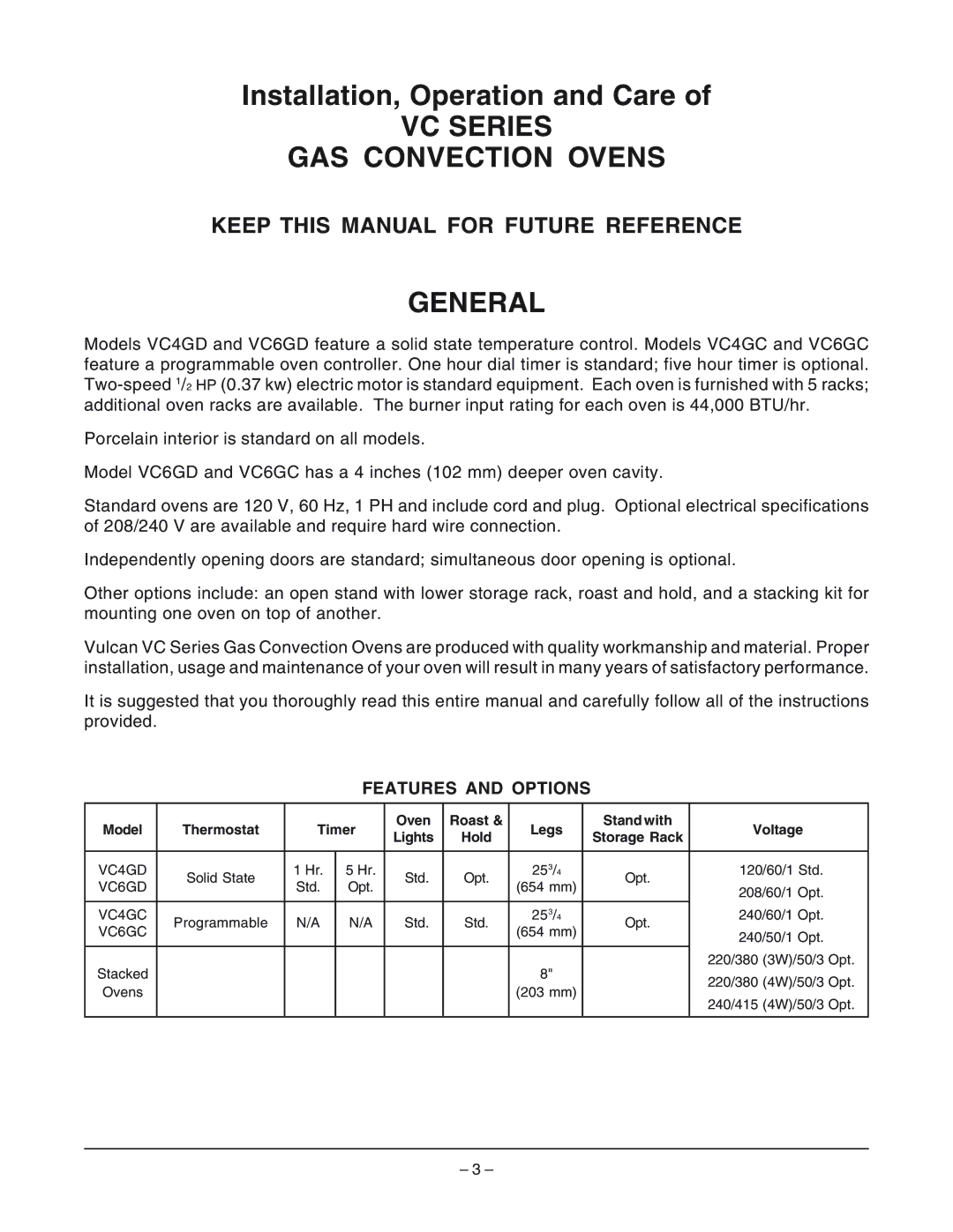 Vulcan-Hart VC4GC ML-136494, VC6GC ML-136495, VC4GD VC Series GAS Convection Ovens, General, Features and Options 