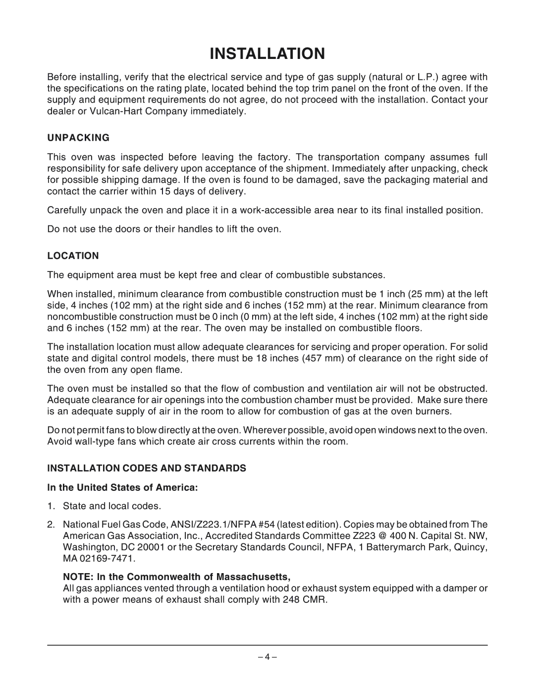 Vulcan-Hart VC4GD ML-126611 Unpacking, Location, Installation Codes and Standards, United States of America 