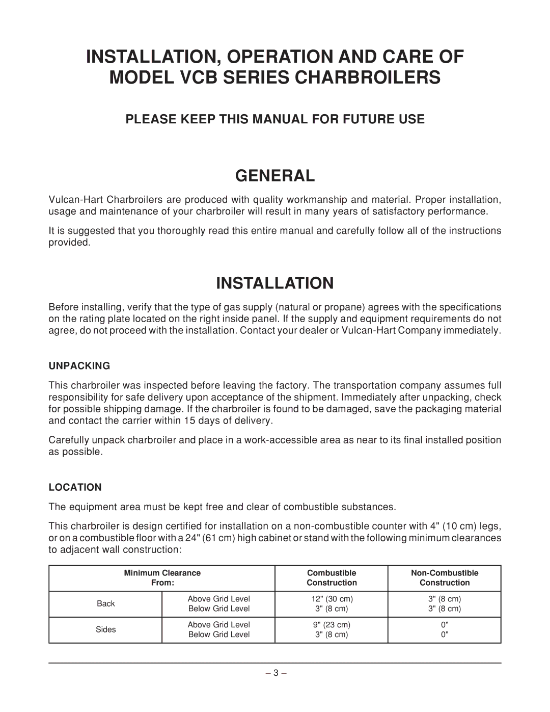 Vulcan-Hart VCB25M ML-44963Z, VCB47M ML-44965Z, VCB47S ML-44910Z, VCB36C ML-44967 General, Installation, Unpacking, Location 