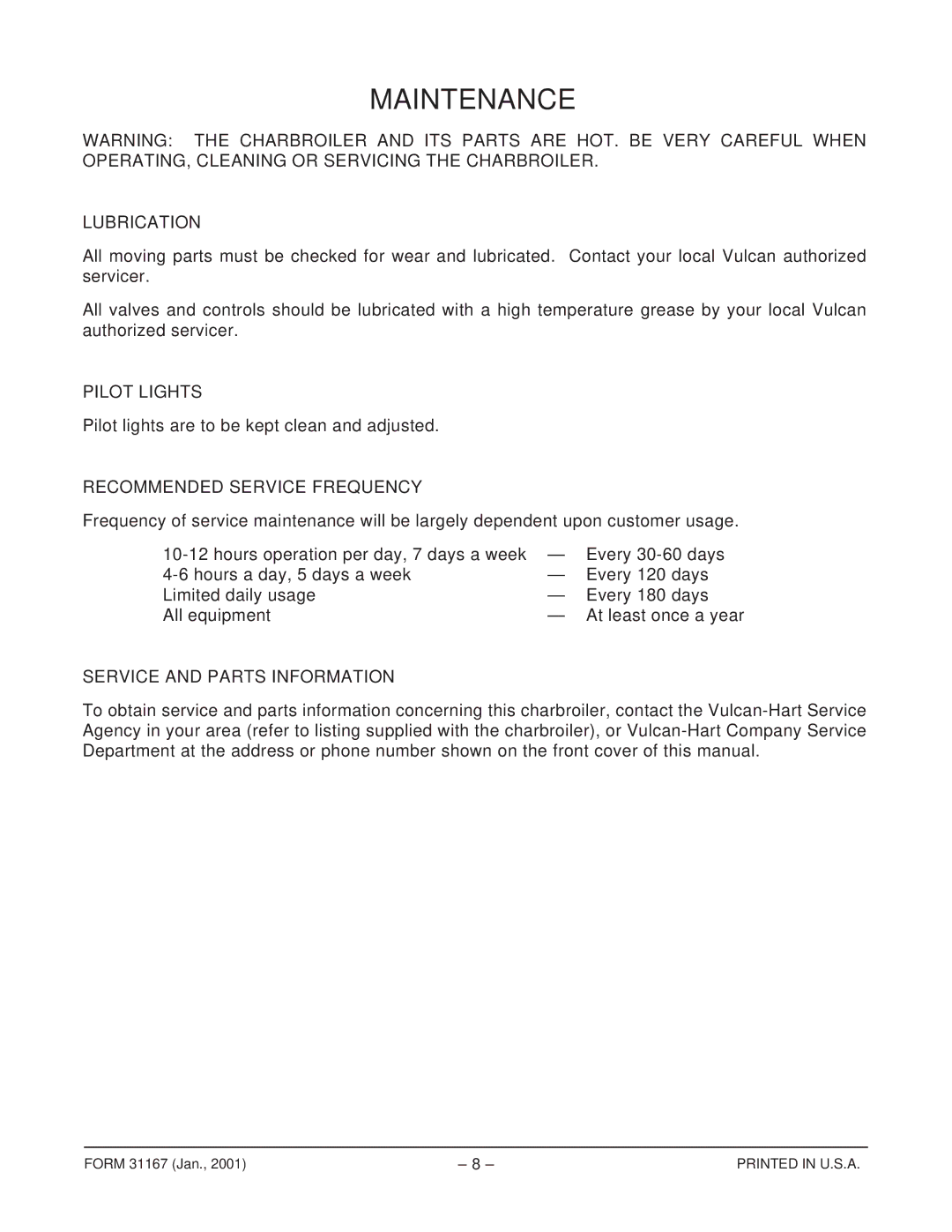 Vulcan-Hart VCB47M ML-44965Z, VCB47S ML-44910Z Maintenance, Lubrication, Pilot Lights, Recommended Service Frequency 