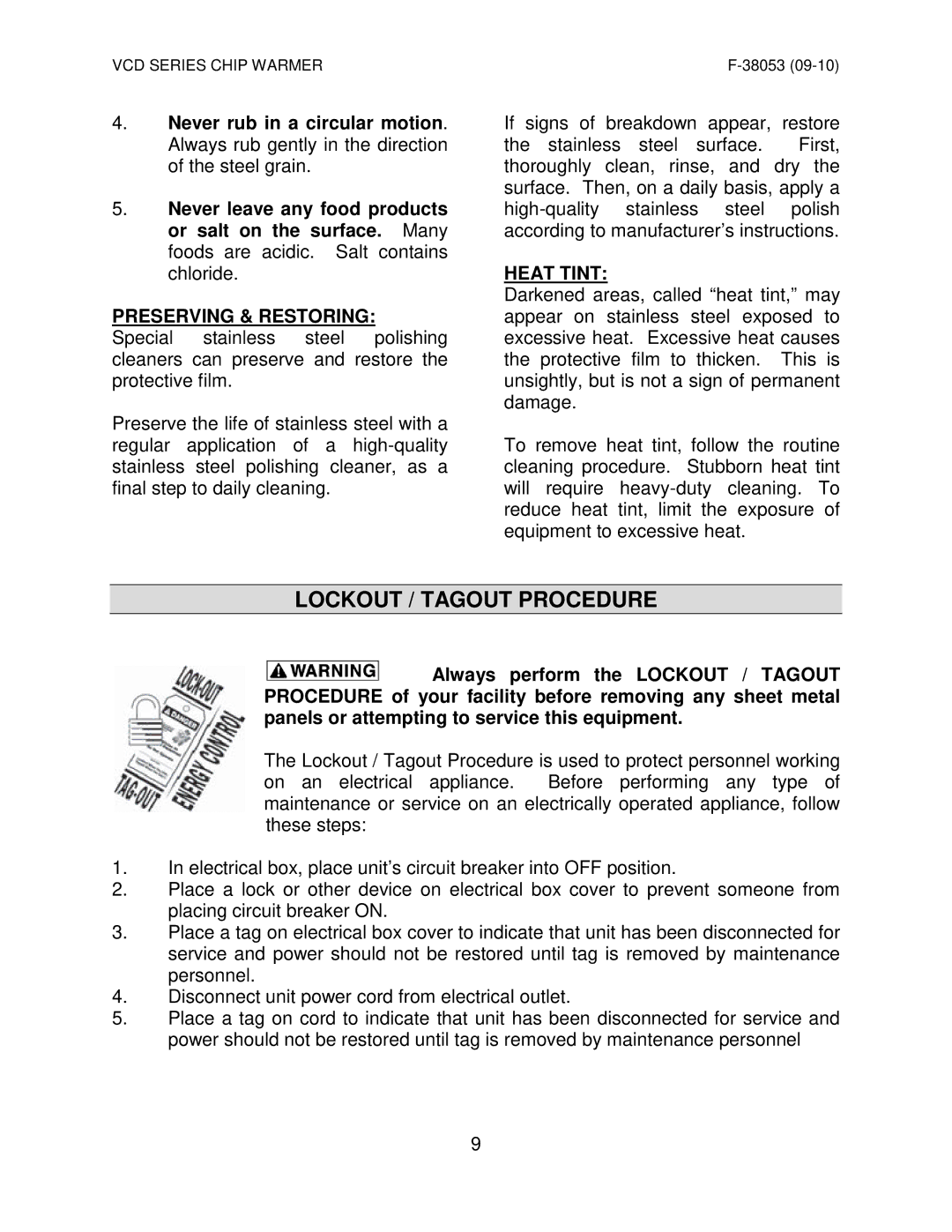 Vulcan-Hart VCD22* ML-138037, VCD44 ML-138069 operation manual Lockout / Tagout Procedure, Preserving & Restoring, Heat Tint 