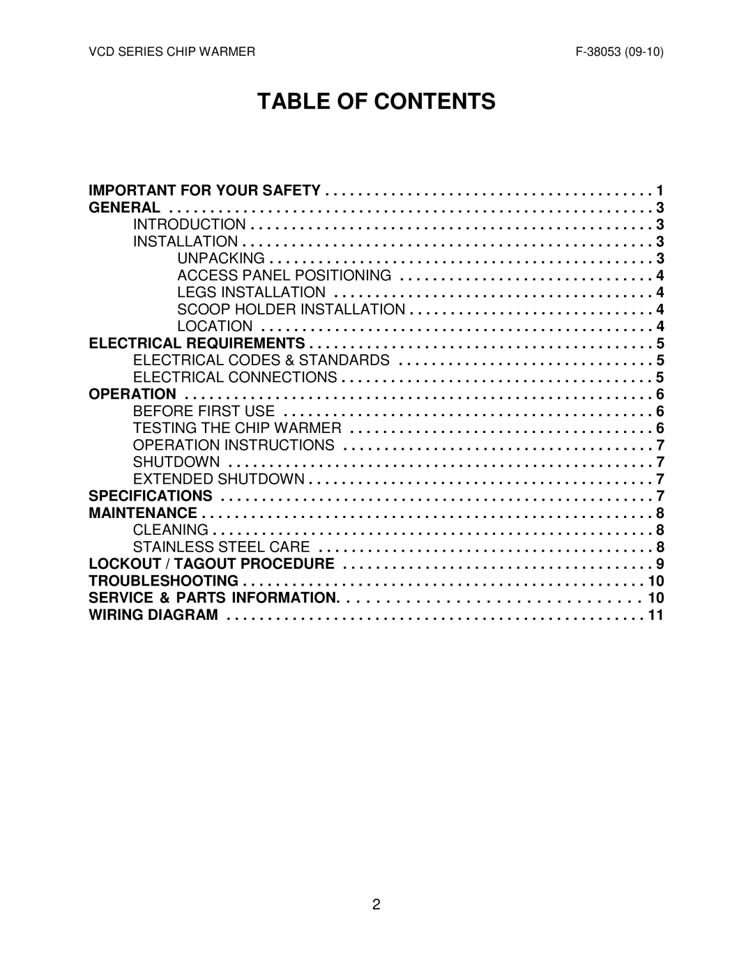 Vulcan-Hart VCD44 ML-138069, VCD22* ML-138037 operation manual Table of Contents 