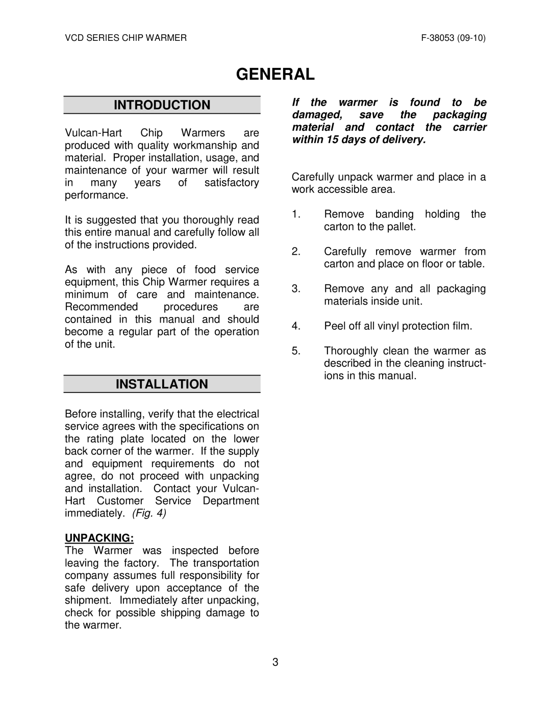 Vulcan-Hart VCD22* ML-138037, VCD44 ML-138069 operation manual General, Introduction, Installation, Unpacking 