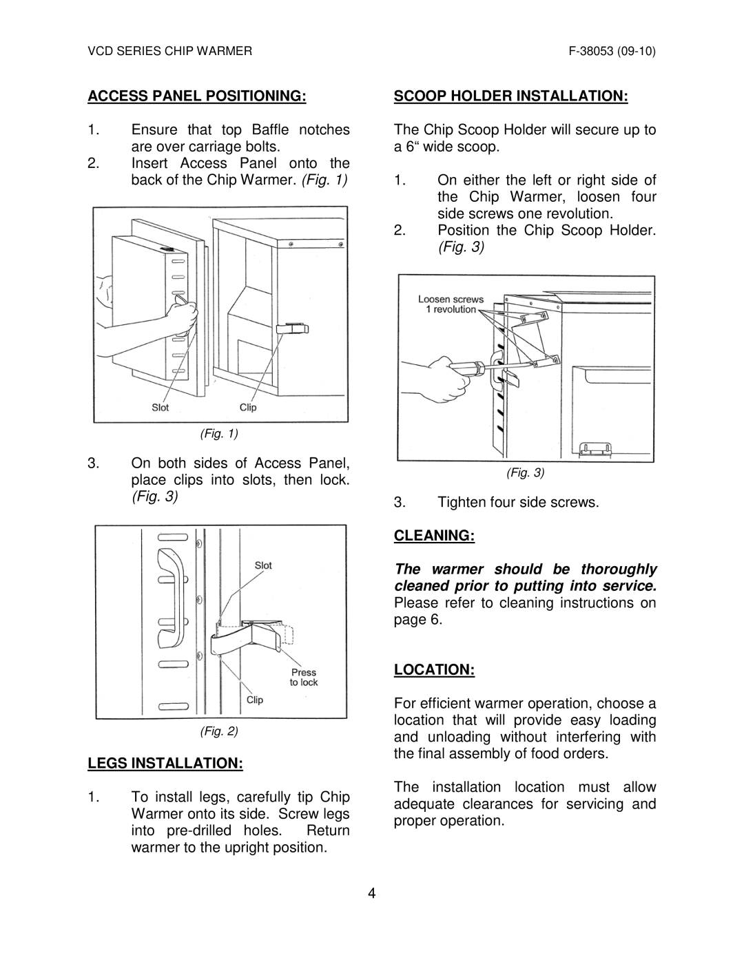 Vulcan-Hart VCD44 ML-138069 Access Panel Positioning, Legs Installation, Scoop Holder Installation, Cleaning, Location 