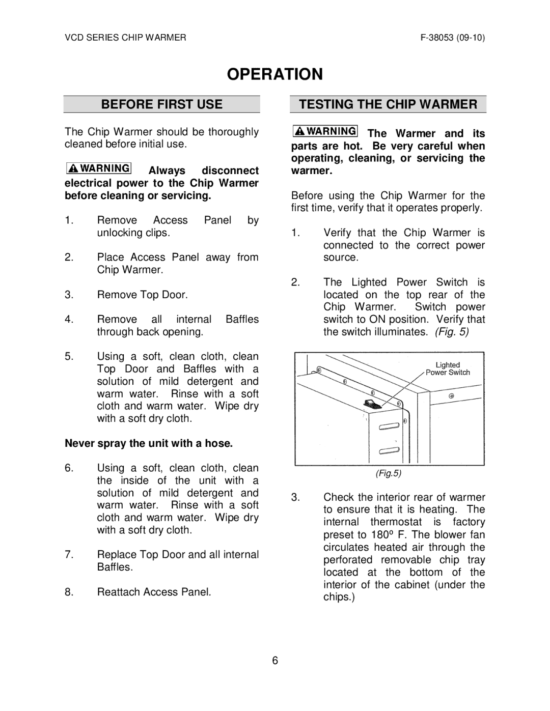 Vulcan-Hart VCD44 ML-138069 Operation, Before First USE Testing the Chip Warmer, Never spray the unit with a hose 