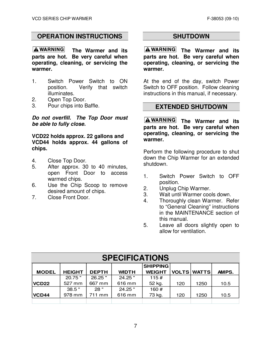 Vulcan-Hart VCD22* ML-138037, VCD44 ML-138069 Specifications, Operation Instructions Shutdown, Extended Shutdown 