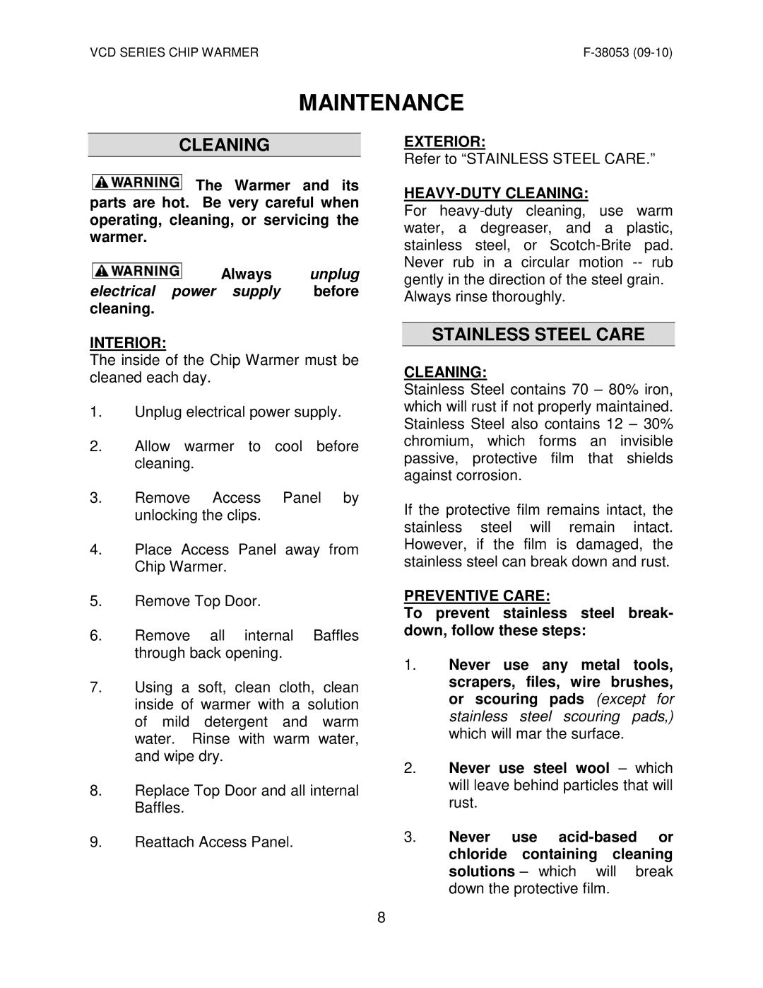 Vulcan-Hart VCD44 ML-138069, VCD22* ML-138037 operation manual Maintenance, Cleaning, Stainless Steel Care 