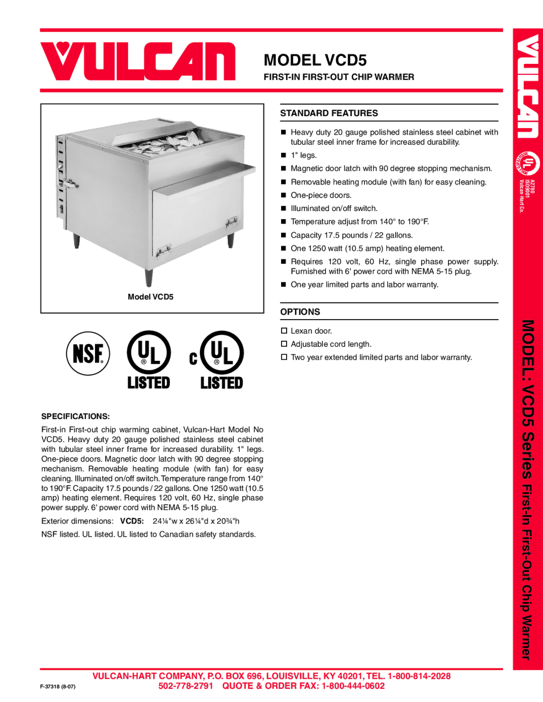 Vulcan-Hart warranty Model VCD5 Series First, FIRST-IN FIRST-OUT Chip Warmer, Standard Features, Options 