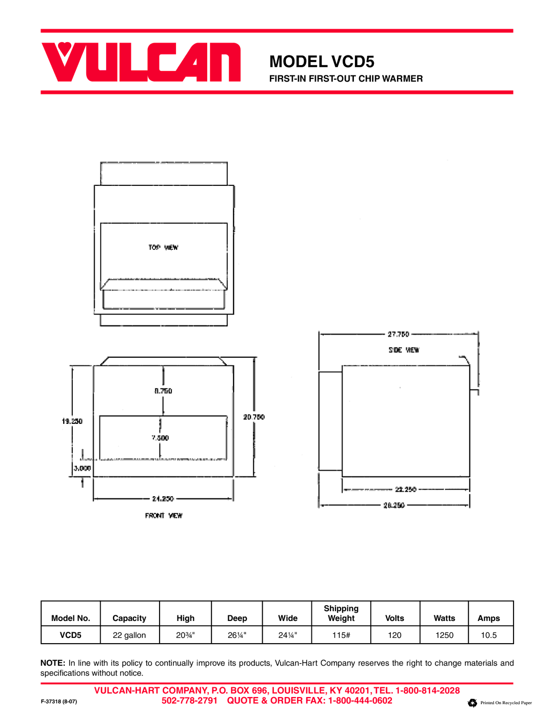 Vulcan-Hart VCD5 warranty 