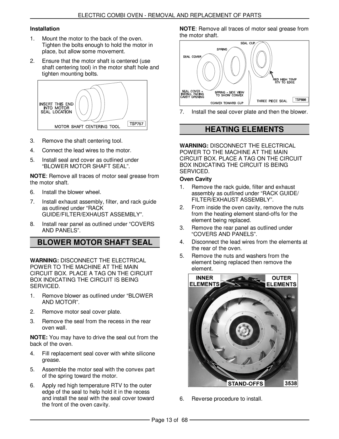 Vulcan-Hart VCE20F 126173, VCE20H 126172, VCE6H 126177 Blower Motor Shaft Seal, Heating Elements, Installation, Oven Cavity 