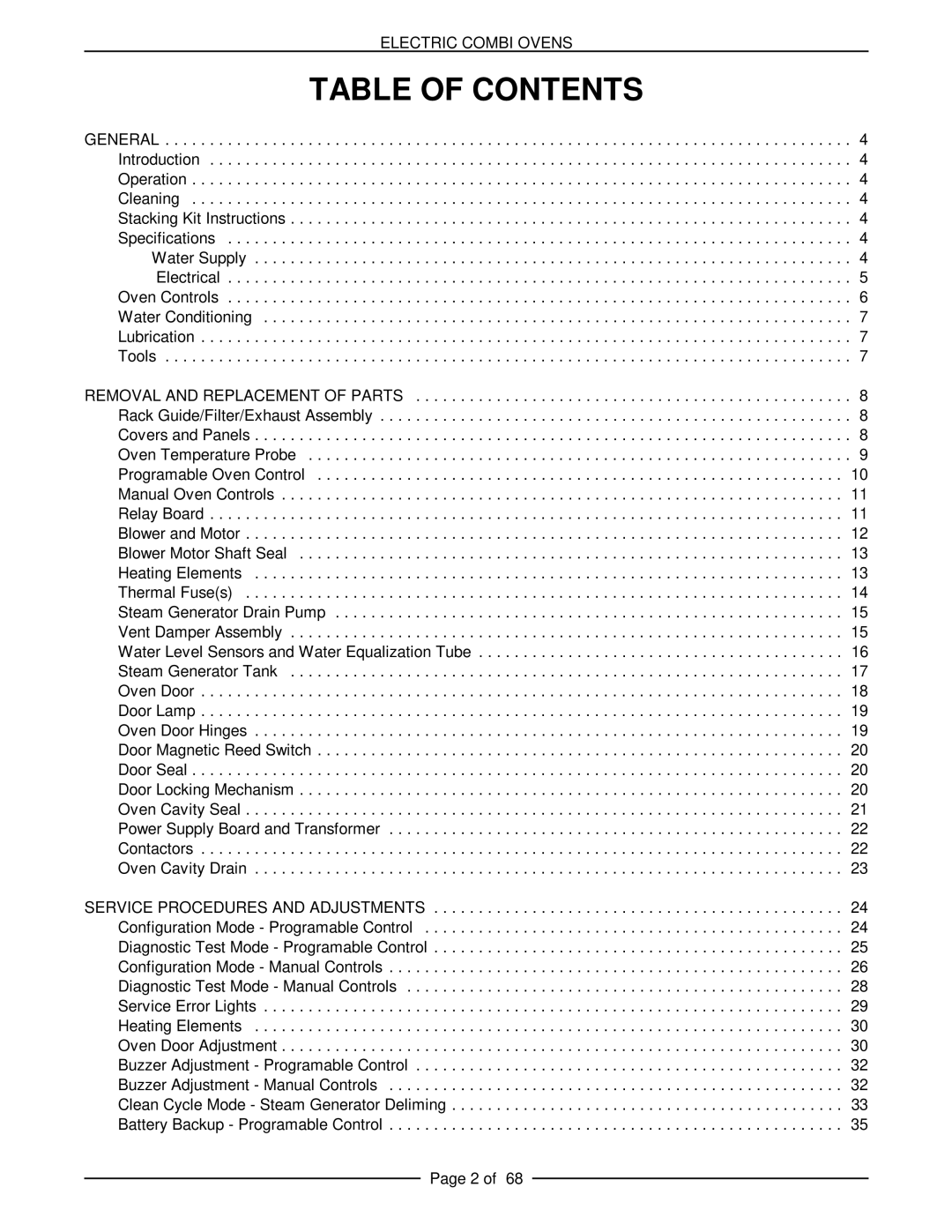 Vulcan-Hart VCE6H 126177, VCE20H 126172, VCE10H 126178, VCE20F 126173, VCE10F 126179 service manual Table of Contents 