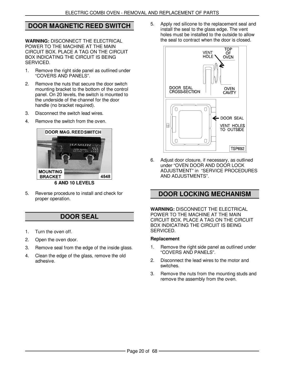 Vulcan-Hart VCE20H 126172, VCE10H 126178 Door Magnetic Reed Switch, Door Seal, Door Locking Mechanism, Replacement 