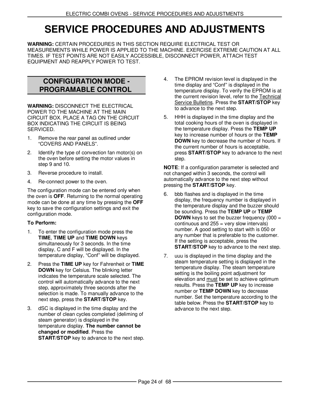 Vulcan-Hart VCE10F 126179, VCE20H 126172, VCE10H 126178 Electric Combi Ovens Service Procedures and Adjustments, To Perform 