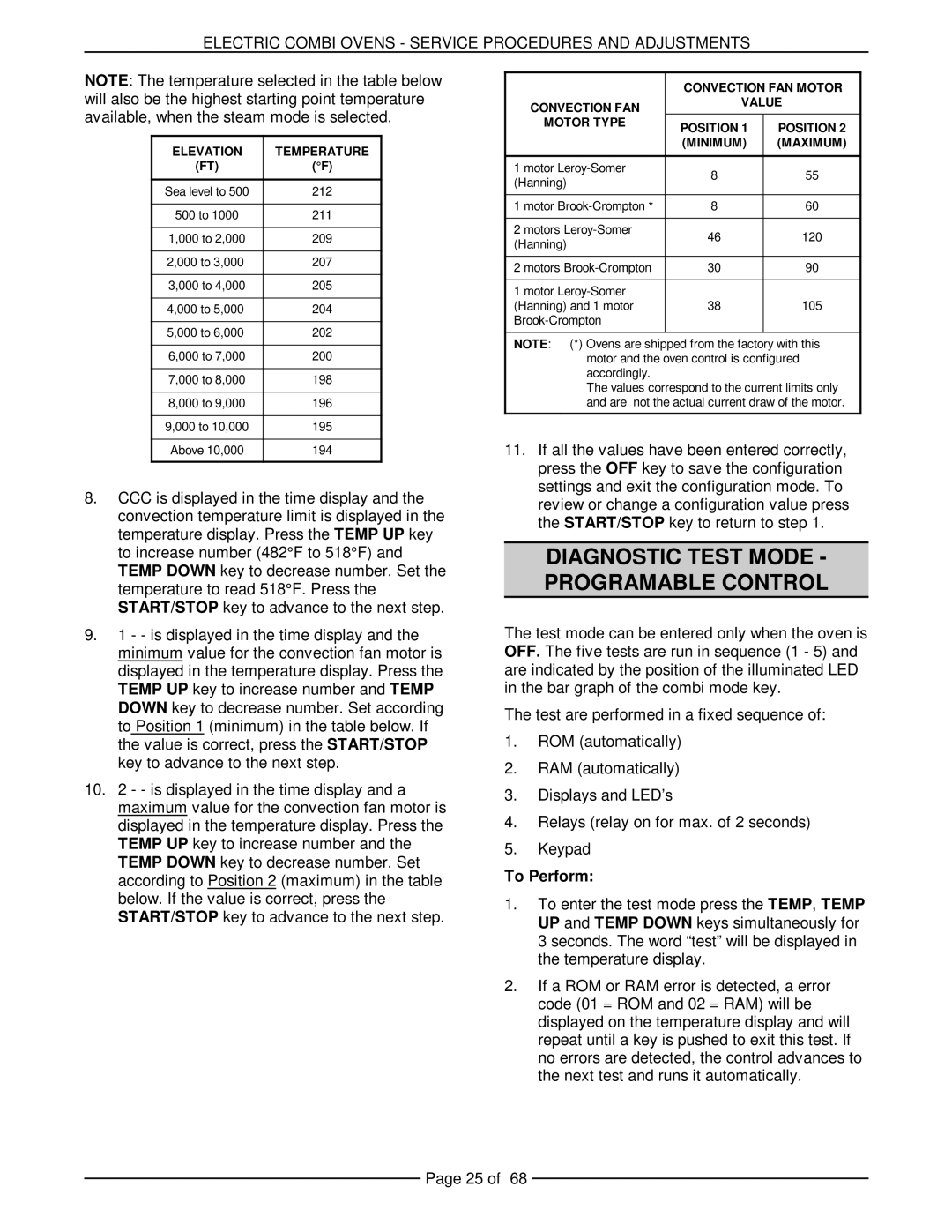 Vulcan-Hart VCE20H 126172, VCE10H 126178, VCE6H 126177, VCE20F 126173, VCE10F 126179 Diagnostic Test Mode Programable Control 