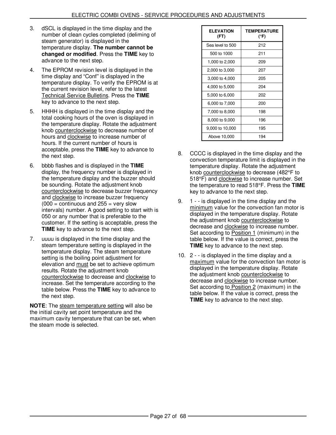 Vulcan-Hart VCE6H 126177, VCE20H 126172, VCE10H 126178 service manual Electric Combi Ovens Service Procedures and Adjustments 